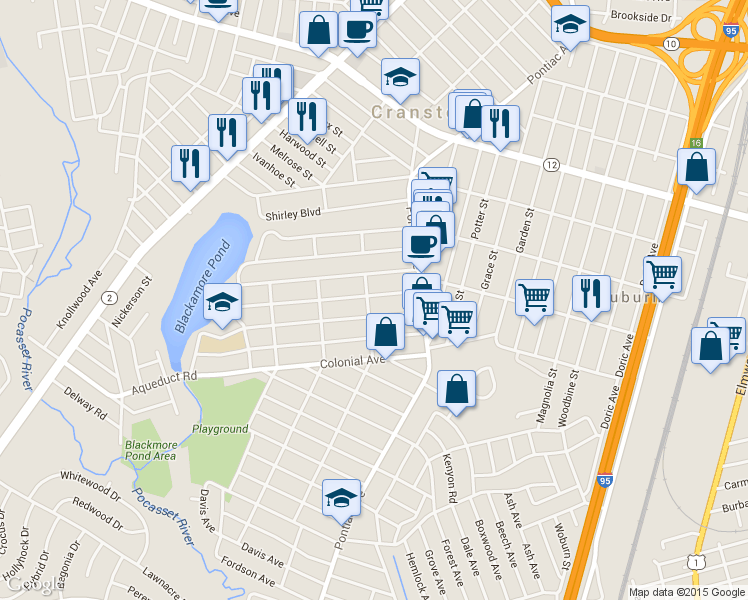 map of restaurants, bars, coffee shops, grocery stores, and more near 35 Oakland Avenue in Cranston