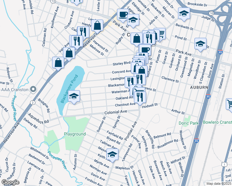 map of restaurants, bars, coffee shops, grocery stores, and more near 69 Oakland Avenue in Cranston