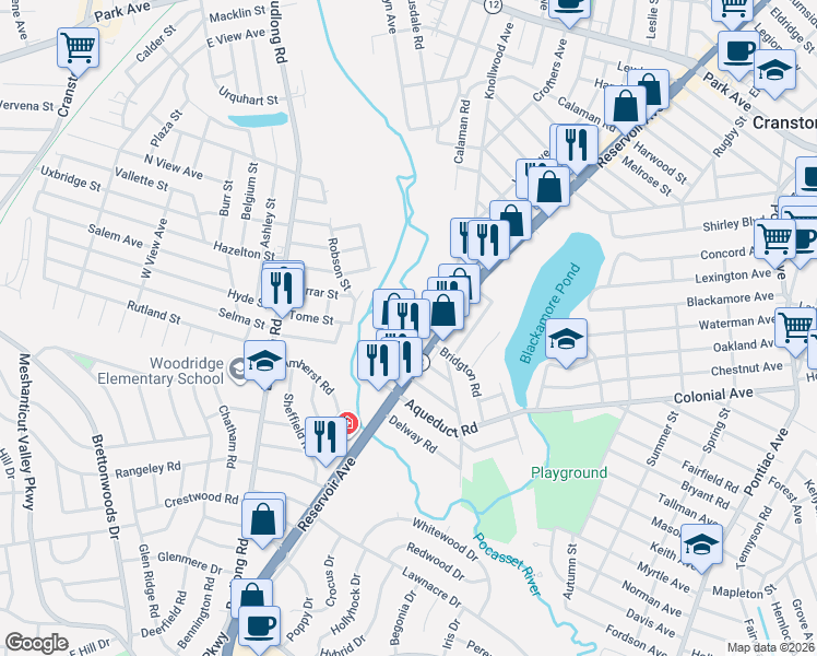 map of restaurants, bars, coffee shops, grocery stores, and more near 293 Knollwood Avenue in Cranston