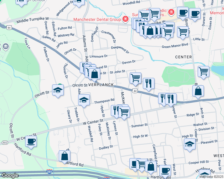 map of restaurants, bars, coffee shops, grocery stores, and more near 45 Thompson Road in Manchester