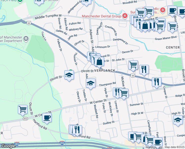 map of restaurants, bars, coffee shops, grocery stores, and more near 28 Flint Drive in Manchester