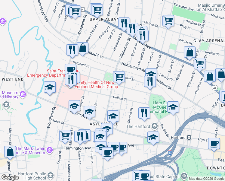 map of restaurants, bars, coffee shops, grocery stores, and more near 236 Collins Street in Hartford