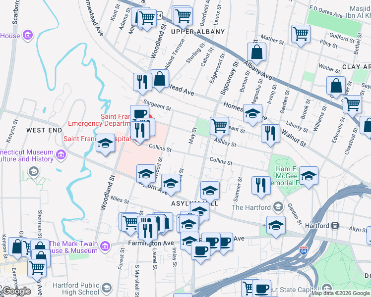 map of restaurants, bars, coffee shops, grocery stores, and more near 273 Collins Street in Hartford