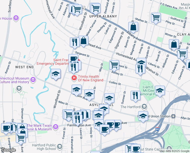 map of restaurants, bars, coffee shops, grocery stores, and more near 273 Collins Street in Hartford