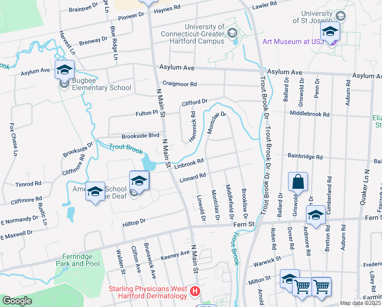 map of restaurants, bars, coffee shops, grocery stores, and more near 56 Linbrook Road in West Hartford