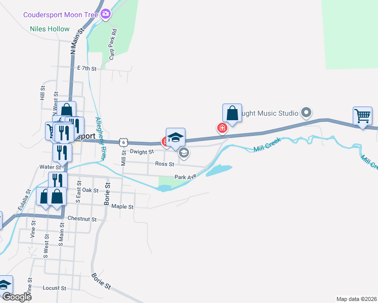 map of restaurants, bars, coffee shops, grocery stores, and more near Ross St in Coudersport