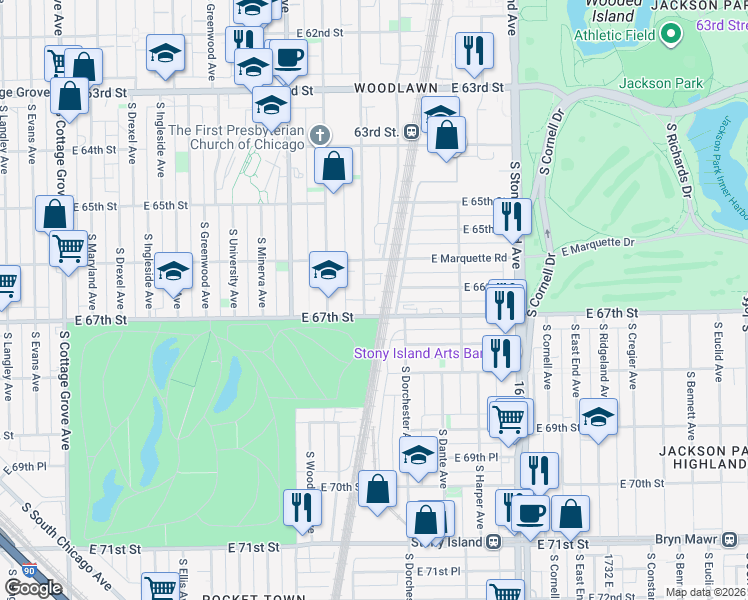 map of restaurants, bars, coffee shops, grocery stores, and more near 1344 East 67th Street in Chicago