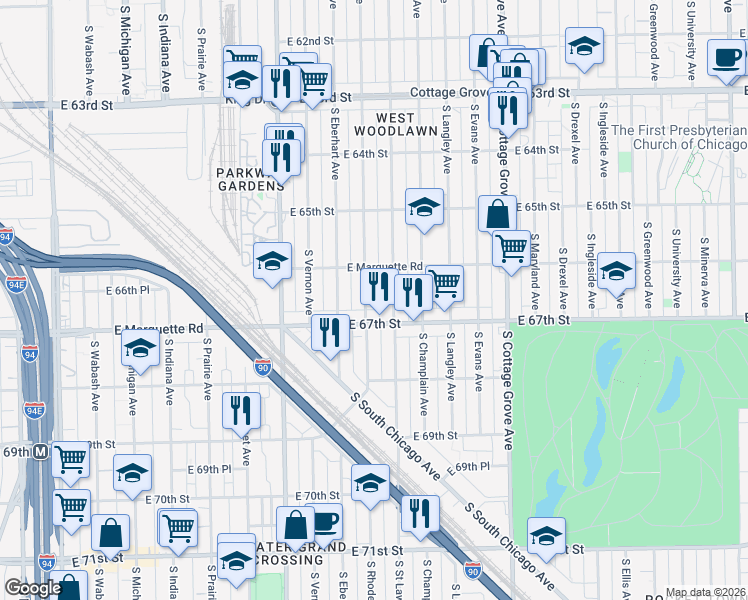 map of restaurants, bars, coffee shops, grocery stores, and more near 6644 South Rhodes Avenue in Chicago