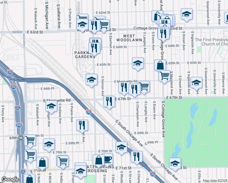 map of restaurants, bars, coffee shops, grocery stores, and more near 6644 South Rhodes Avenue in Chicago