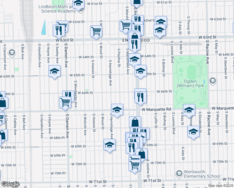 map of restaurants, bars, coffee shops, grocery stores, and more near 6613 South Hermitage Avenue in Chicago
