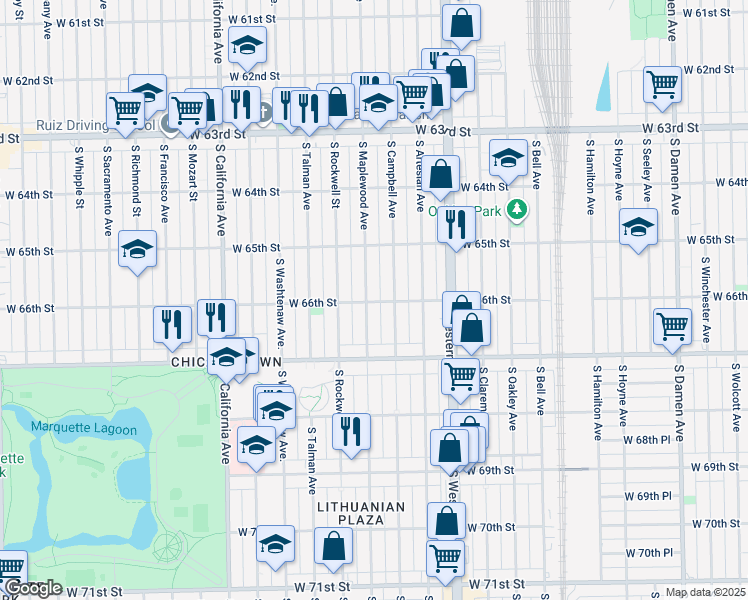 map of restaurants, bars, coffee shops, grocery stores, and more near 6605 South Maplewood Avenue in Chicago