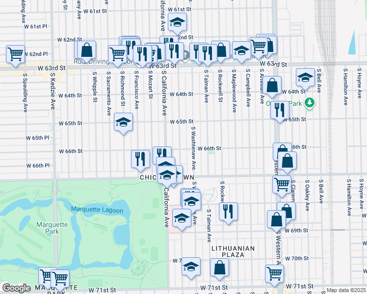 map of restaurants, bars, coffee shops, grocery stores, and more near 2717 West 66th Street in Chicago