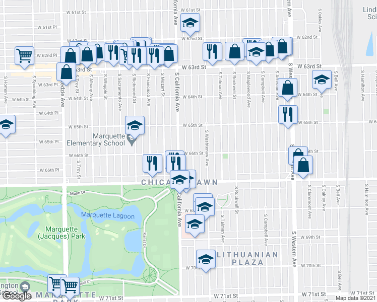 map of restaurants, bars, coffee shops, grocery stores, and more near 6601 South California Avenue in Chicago