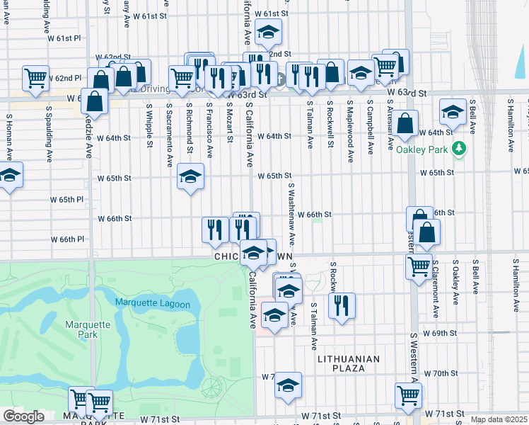 map of restaurants, bars, coffee shops, grocery stores, and more near 6601 South California Avenue in Chicago