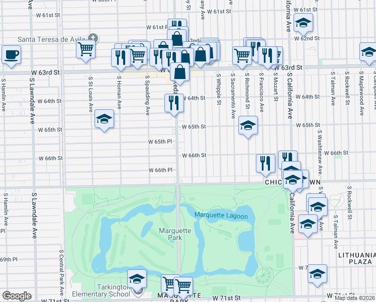 map of restaurants, bars, coffee shops, grocery stores, and more near 3138 West 66th Street in Chicago