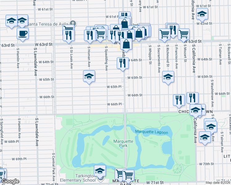 map of restaurants, bars, coffee shops, grocery stores, and more near 3246 West 66th Street in Chicago