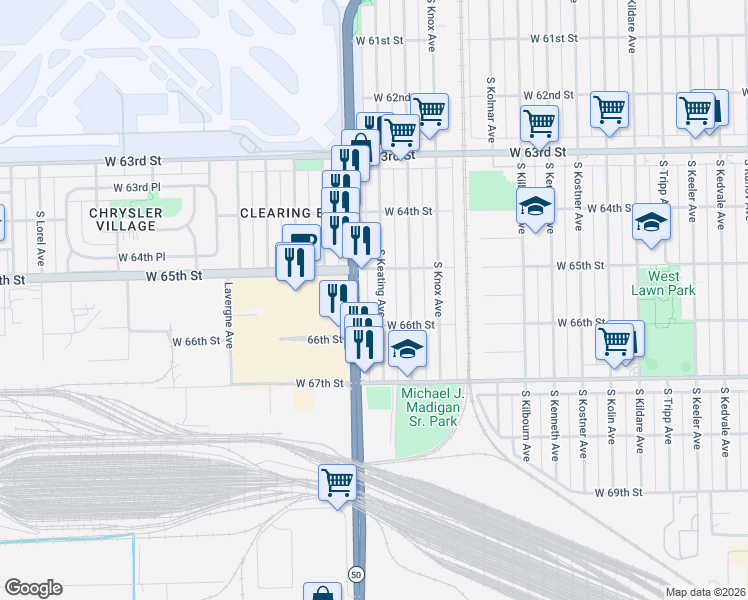 map of restaurants, bars, coffee shops, grocery stores, and more near 6542 South Keating Avenue in Chicago