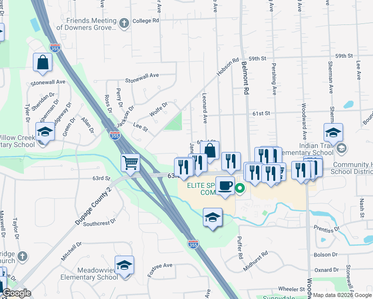 map of restaurants, bars, coffee shops, grocery stores, and more near 2500 Huntleigh Lane in Woodridge