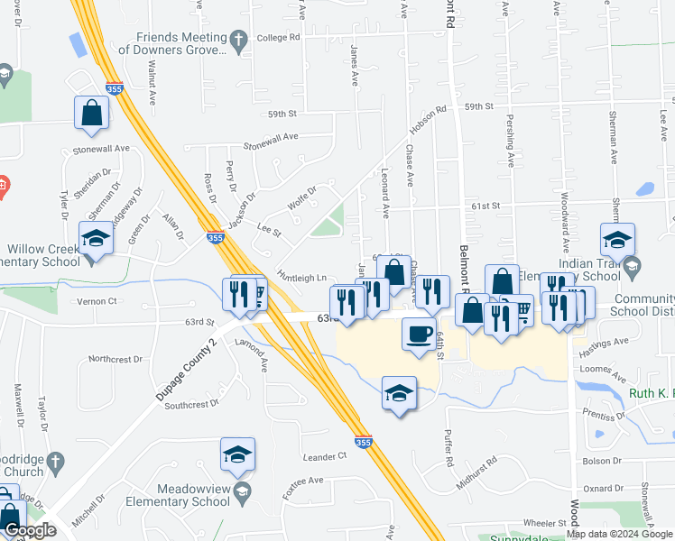 map of restaurants, bars, coffee shops, grocery stores, and more near 2498 Huntleigh Lane in Woodridge