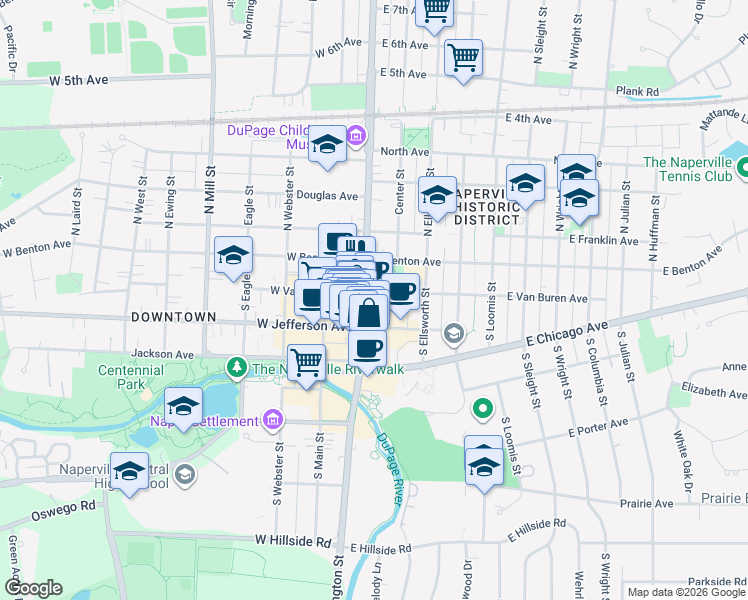 map of restaurants, bars, coffee shops, grocery stores, and more near 110 South Washington Street in Naperville
