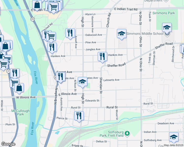 map of restaurants, bars, coffee shops, grocery stores, and more near 518 Gates Avenue in Aurora