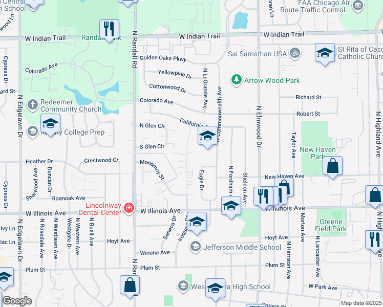 map of restaurants, bars, coffee shops, grocery stores, and more near 833 North Gladstone Avenue in Aurora