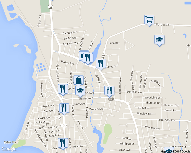 map of restaurants, bars, coffee shops, grocery stores, and more near 25 Harris Street in East Providence