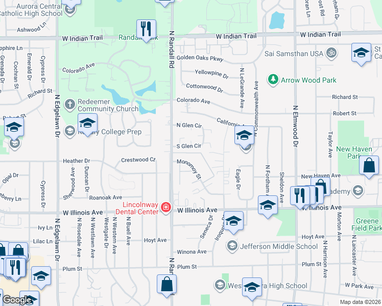 map of restaurants, bars, coffee shops, grocery stores, and more near 1377 Monomoy Street in Aurora