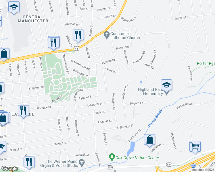 map of restaurants, bars, coffee shops, grocery stores, and more near 63 Kensington Street in Manchester