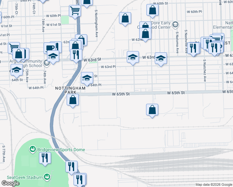map of restaurants, bars, coffee shops, grocery stores, and more near W 65th St & S Sayre Ave in Chicago