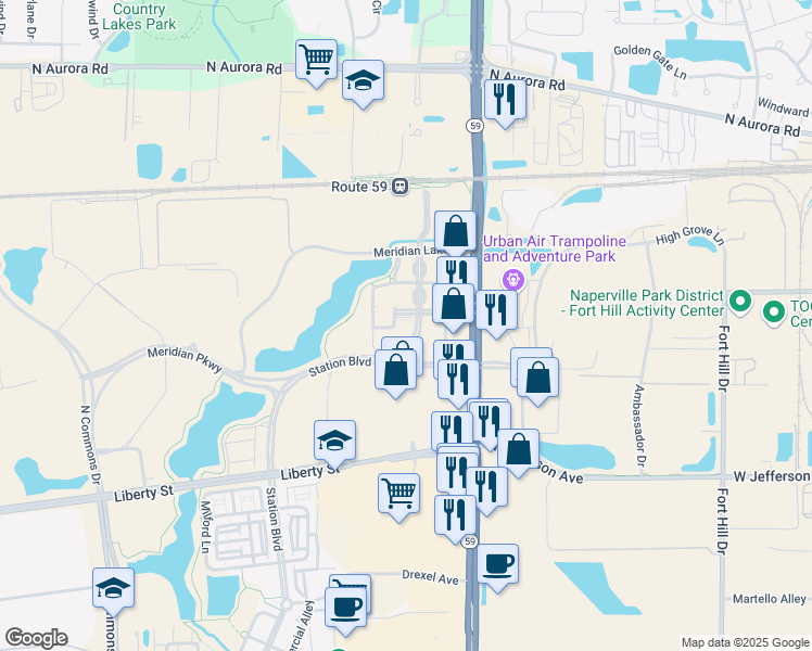 map of restaurants, bars, coffee shops, grocery stores, and more near 1016 Station Boulevard in Aurora