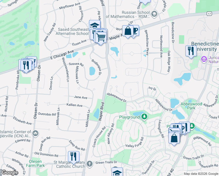 map of restaurants, bars, coffee shops, grocery stores, and more near 2880 Torrey Pine Lane in Lisle