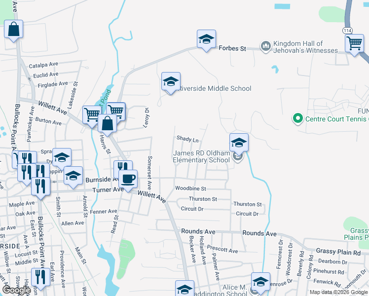 map of restaurants, bars, coffee shops, grocery stores, and more near 9 Connors Lane in East Providence
