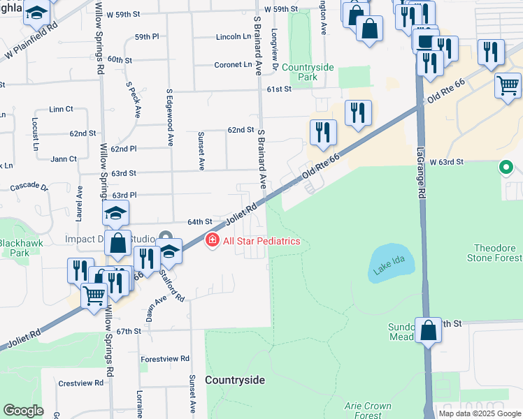 map of restaurants, bars, coffee shops, grocery stores, and more near 10901 Joliet Road in Countryside