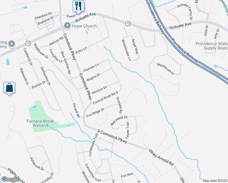 map of restaurants, bars, coffee shops, grocery stores, and more near 165 Council Rock Road in Cranston