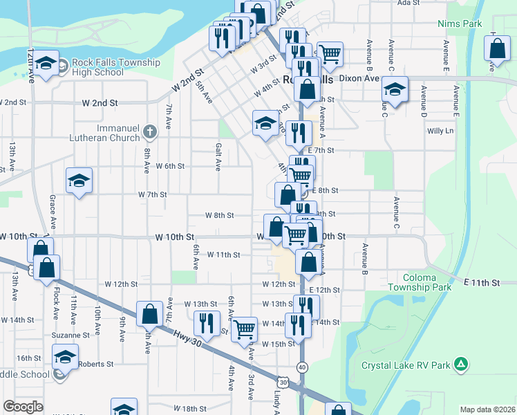 map of restaurants, bars, coffee shops, grocery stores, and more near 710 5th Avenue in Rock Falls
