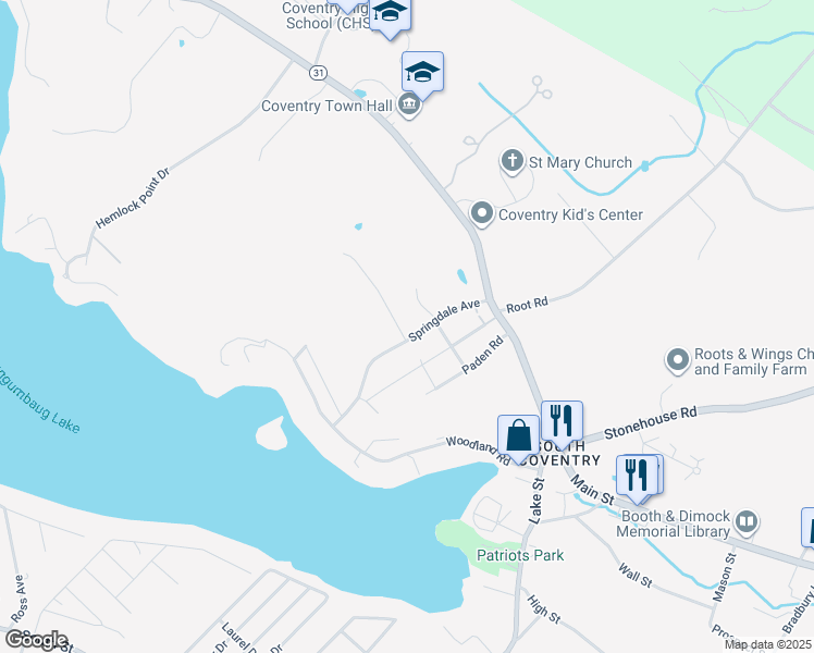 map of restaurants, bars, coffee shops, grocery stores, and more near 87 Springdale Avenue in Coventry