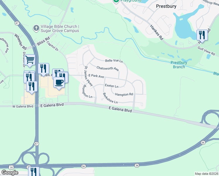 map of restaurants, bars, coffee shops, grocery stores, and more near 244 Berkshire Lane in Sugar Grove