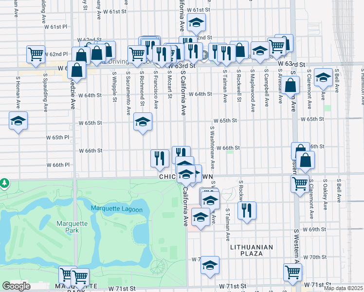 map of restaurants, bars, coffee shops, grocery stores, and more near 6601 South California Avenue in Chicago