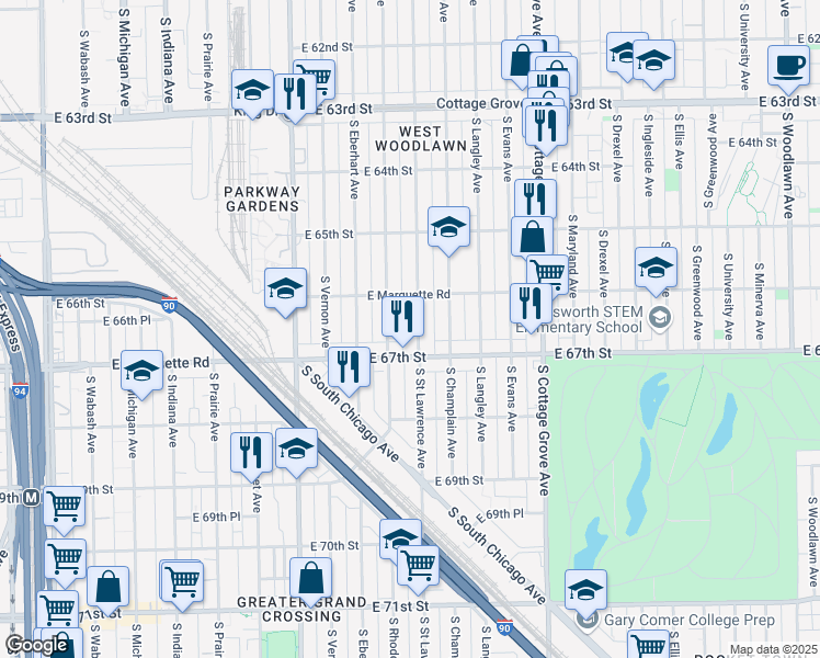 map of restaurants, bars, coffee shops, grocery stores, and more near 6630 South Saint Lawrence Avenue in Chicago