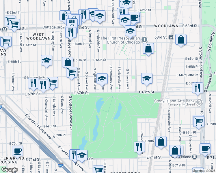 map of restaurants, bars, coffee shops, grocery stores, and more near 1026 East 67th Street in Chicago
