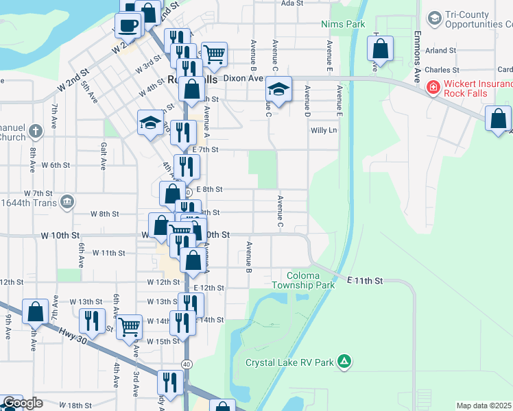 map of restaurants, bars, coffee shops, grocery stores, and more near 400 East 9th Street in Rock Falls