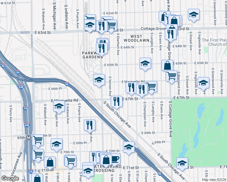 map of restaurants, bars, coffee shops, grocery stores, and more near 6631 South Vernon Avenue in Chicago