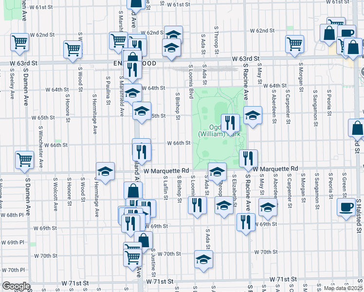 map of restaurants, bars, coffee shops, grocery stores, and more near 6617 South Bishop Street in Chicago