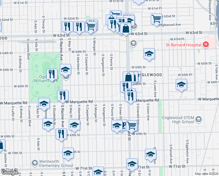 map of restaurants, bars, coffee shops, grocery stores, and more near 6608 South Peoria Street in Chicago