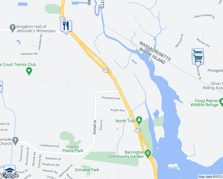 map of restaurants, bars, coffee shops, grocery stores, and more near 24 Reardon Avenue in East Providence