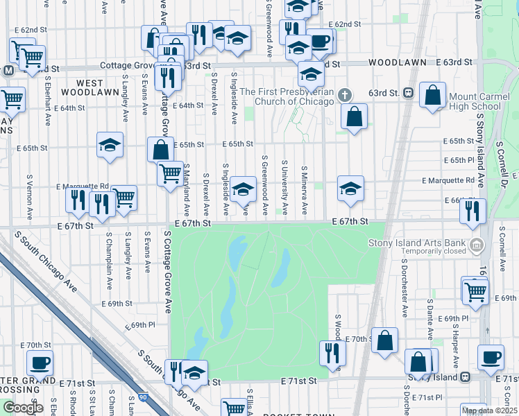 map of restaurants, bars, coffee shops, grocery stores, and more near 1026 East 67th Street in Chicago