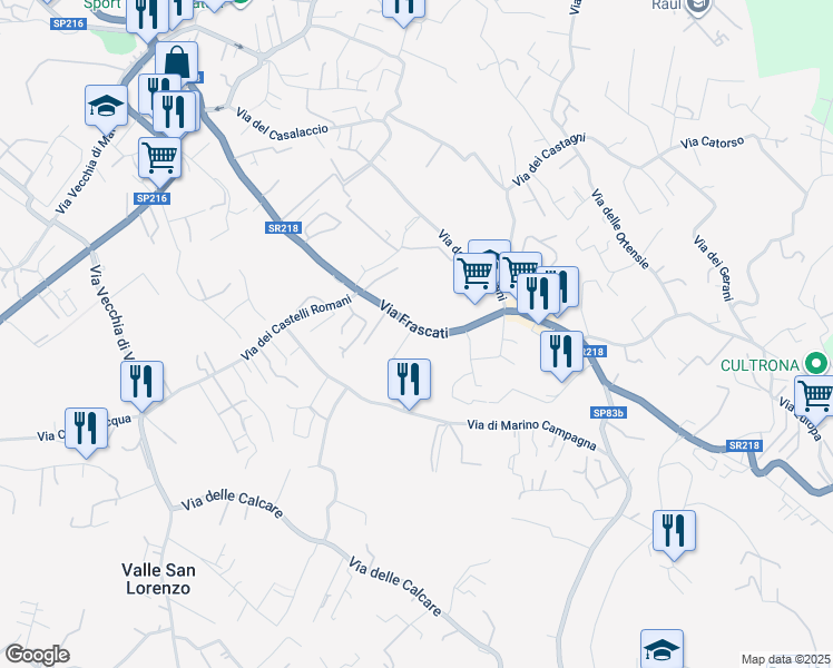 map of restaurants, bars, coffee shops, grocery stores, and more near 225 Via Frascati in Rocca di Papa