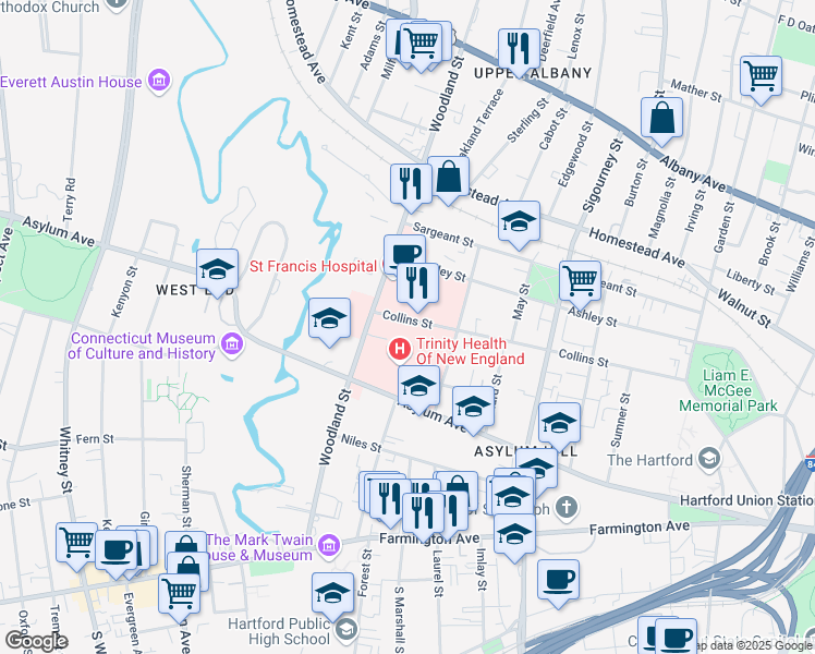 map of restaurants, bars, coffee shops, grocery stores, and more near 114 Woodland Street in Hartford