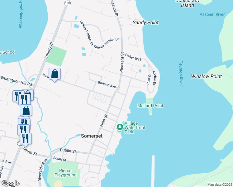 map of restaurants, bars, coffee shops, grocery stores, and more near 534 High Street in Somerset
